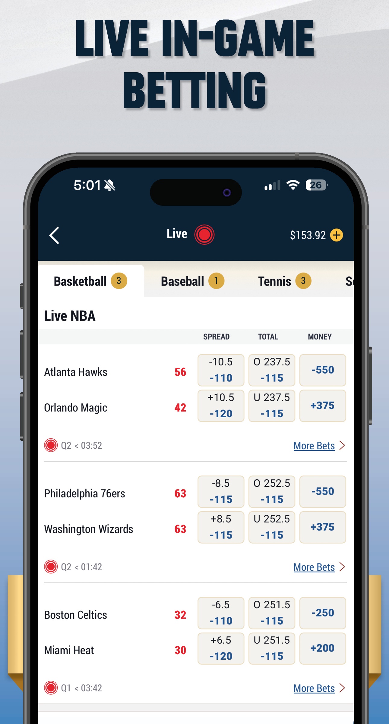 Apple App Store_Screenshots_Final3_logo_removed Boomer's Sportsbook - Live In-Game Betting - Mobile App mockup