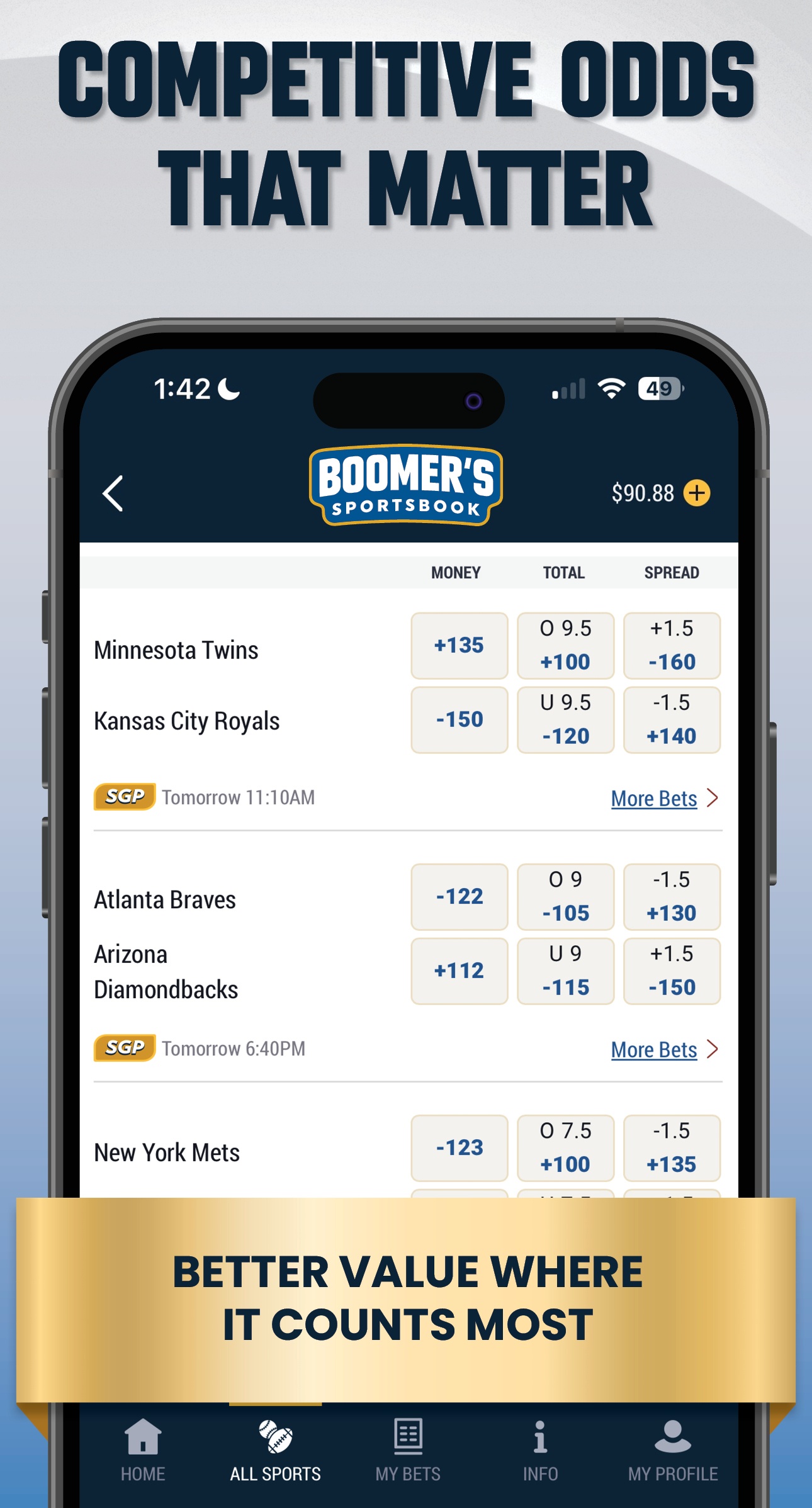 Apple App Store_Screenshots_Final4_logo_removed Boomer's Sportsbook - Competitive Odds That Matter - Mobile App mockup